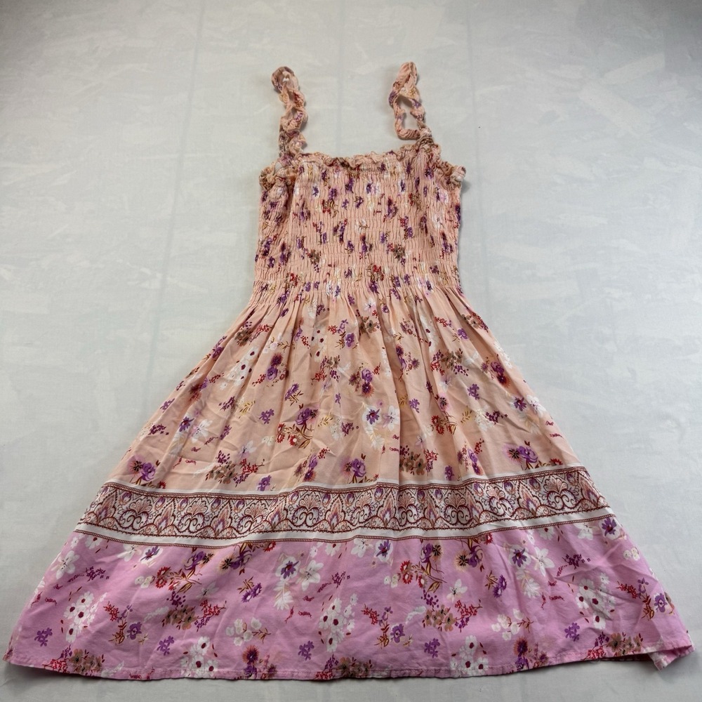 Women's Boho Floral Smocked Maxi Dress Pink Sleeveless Cottagecore M - Picture 5 of 6